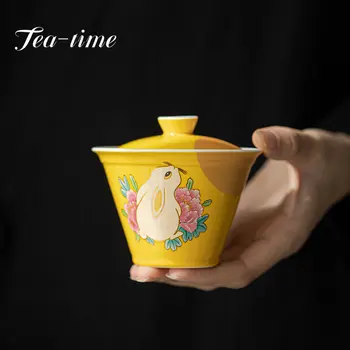 150ML בוטיק קרמיקה תה Tureen יצירתיות ג ' ייד ראביט מסתכל על הירח Gaiwan ומתקנים להכנת תה Ercai כוס תה אדמונית ירח ארנב
