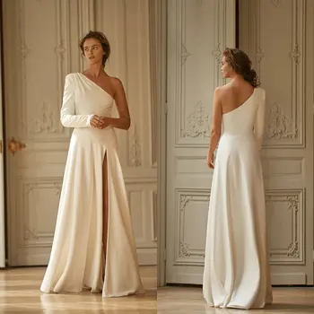 2020 פיצול שמלות חתונה פשוטה אחת כתף שרוול ארוך החוף בוהו קו סאטן שמלות כלה Vestido De נוביה