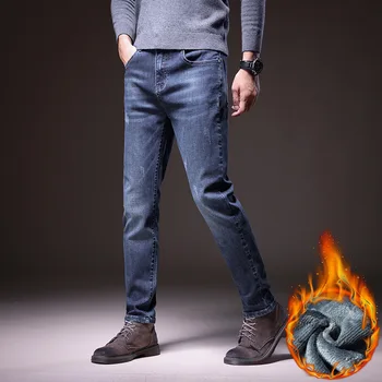 2021 אנשים חדשים חורף אופנה ג 'ינס גברים Slim Fit למתוח עבה קטיפה מכנסיים חמים ג' ינס מקרית פליס מכנסיים זכר
