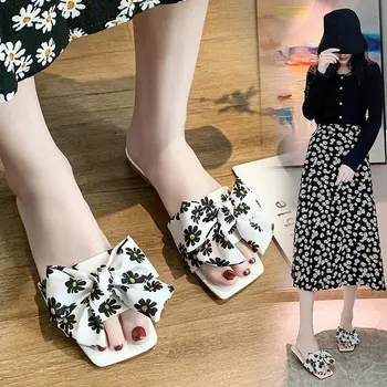 2021 הקיץ פרח נשים נעלי פרפר קשר הזרקת הבלעדי שטוח נעל אישה מתוקה אופנה סנדלים שקופיות נעלי החוף