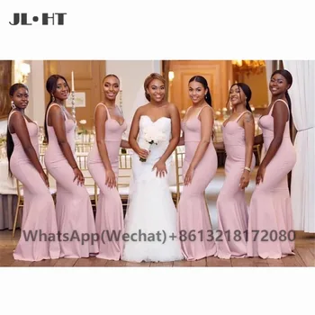 2021 של נשים שחורות ורוד בתולת ים שמלות שושבינה ארוכה רצועות ספגטי סאטן אלסטי אפריקה מסיבת חתונה שמלת שושבינה
