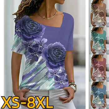 2023 חדש קיץ נשים הדפסת 3D 'קט וינטג', אלגנטי חולצת טריקו נשים סקסי חופשי העליון יומי רחוב V-צוואר חולצת הטריקו XS-8XL