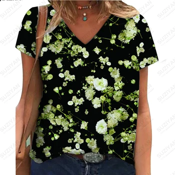2023 נשים קיץ חדש שרוול קצר פרח צבעוני 3D הדפסה דיגיטלית חולצה חמה למכירה נשים V-neck מזדמנים נוסעים העליון