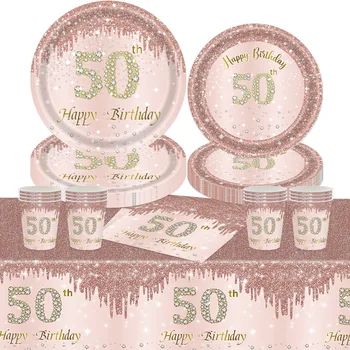 8Guests רוז זהב בן 50 חד פעמיות הגדר 50 שנה Tablecover צלחות נייר שמח 50 נשים ליום ההולדת ה-50 עיצוב