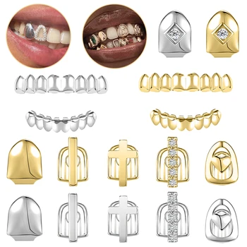 AOEDEJ 1Set היפ הופ שיניים Grillz מצופה זהב שיניים גריל אבן שן Grillz כובעי קריסטל השיניים Caps ליל כל הקדושים ערפד השן