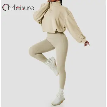 CHRLEISURE יוגה להגדיר נשים גבוה צוואר כושר רוכסן רופף ארוך שרוולים סוודר קפוצ ' ון מוצק חזיית ספורט לדחוף את חותלות יוגה להגדיר