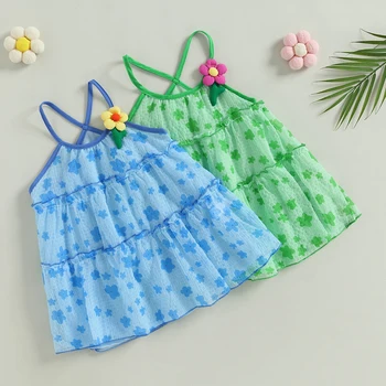 EWODOS התינוק הנולד בנות הקיץ פרח טול שמלה פרחוני הדפסה חופשי רצועות ספגטי שמלת ירוק/כחול שמלת מסיבת חוף ללבוש.