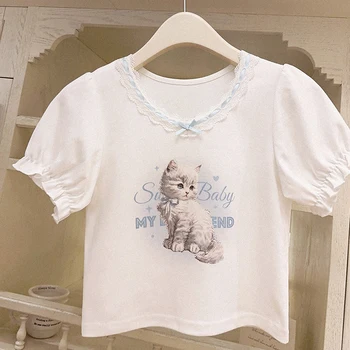 Kawaii חתול קריקטורה הדפסה לוליטה טי-שירט נשים קיץ חמוד לפרוע קשת לבנה גזורה יפני מתוק Grils חולצות טי Kawaii בגדים