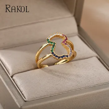 RAKOL מיקרו משובץ זירקון צבע טבעות לנשים דלעת שכבה כפולה פתח אופנתי טבעת אור יוקרה צבע זהב יצירתי תכשיטים