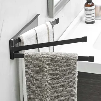 Rotatable מתלה מגבות קיר אגרוף-בחינם קיפול אמבטיה ברזל שחור מחזיק מקלחת קולב אביזרי אמבטיה
