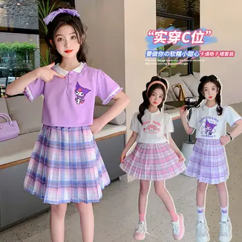 Sanrioed אנימה Kuromi בנות קיץ בגדים שיתאימו 2023 עם שרוול קצר+קפלים החצאית 2Pcs סט המכללה סגנון Jk המדים אימוניות.