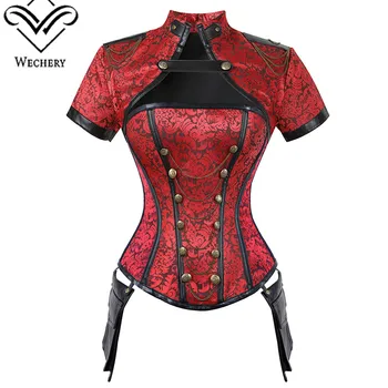 Wechery Corselet Steampunk מחוך גותי לגזור מחוך בציר שחור אדום העליון פרחוני עבור נשים שרוול קצר בגדים תחפושת