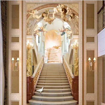 wellyu מותאם אישית גדול פרסקו האירופי 3d אולם מלאך מדרגות גן עדן הכניסה לחתוך את הקיר טפט הנייר דה parede