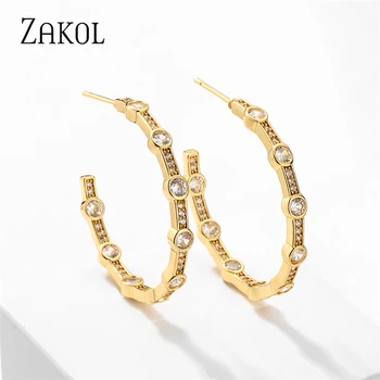 ZAKOL אופנה חדשה עיגול צורה צבע זהב עגילי חישוק אישיות סיבוב מעוקב זירקון מסיבת עגיל לנשים EP5570