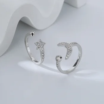 אופנה חדש צבע כסף Stackable הירח כוכב CZ ברור פתח האצבע טבעת מתכווננת לנשים ילדה תכשיטים מתנה Dropship סיטוני