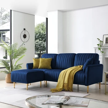 הסלון המודרני אור יוקרה בצורת L ספה, קטיפה מרופד הפיך פינתית 3 מושב ספה עם הדום נשלף, חדר מגורים זהב הרגליים (כחול)