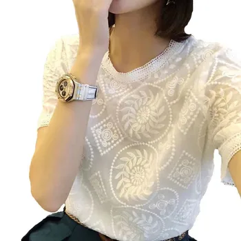 הקיץ של נשים חולצה בגדים 2023 פשוט חדש רקמה לבן תחרה לוח Harajuku שרוול קצר או הצוואר Tees מקסימום Y2k