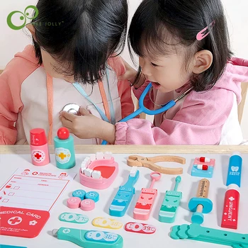 הרופא צעצועים לילדים להגדיר ילדים מעץ לשחק במשחק ערכת משחקים עבור בנות, בנים אדום רפואה רפואת שיניים תיבת שקיות בד