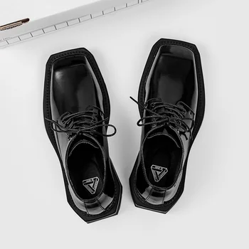 חדש הראש מרובע של עור נשים נעלי גברים מקרית לבוש רשמי עבה תחתונה נעלי שרוכים שחורים עסקים בריטי נעלי עבודה 44
