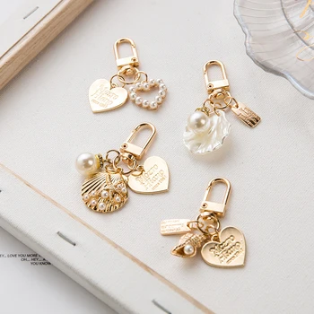 חמוד לב מחזיק מפתחות נשים בחורה קוריאנית אופנה פגז פנינה מפתח שרשרת תיק קמעות זהב צבע מפתח, טבעת, תכשיט מפתח אביזרים
