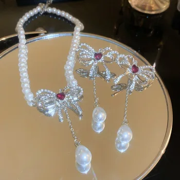 יוקרה יהלומים מלאכותיים לב קשת קשר Waterdrop עגילי פנינת שרשרת לנשים אופנה החתונה כלות המסיבה סט התכשיטים
