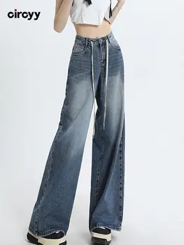 כחול ג 'ינס באגי אישה גבוהה Waisted ג' ינס שרוך בציר כפתור מכנסי ג ' ינס מכובסים רחב הרגל מכנסיים אופנת רחוב, אופנה 2023