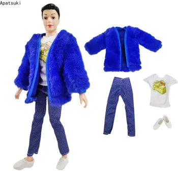 כחול הפרווה המזויפת 1/6 בגדי בובה על קן ילד בובה תלבושות ג 'קט חולצה מכנסי ג' ינס, נעליים עבור החבר של ברבי קן אביזרים