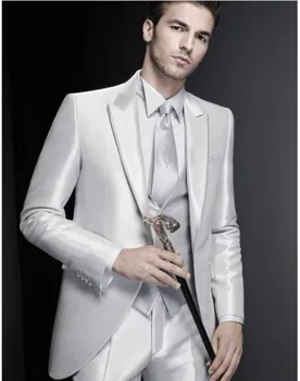 כסף אצילי חליפות גברים כפתור אחד לשיא דש אופנה סגנון החדש העידו מעייל פראק Terno Masculino 3 חתיכות(ז ' קט+מכנסיים+עניבה+אפוד)