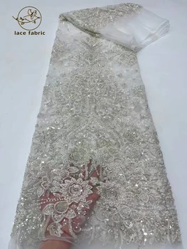 לבן 2023 באיכות גבוהה אפריקה הניגרי החתן פאייטים תחרה בד רקמה טול שמלת מסיבת החתונה תפירה חרוזים 5 מטר