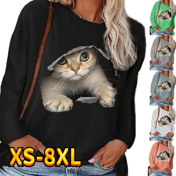 נשים אופנת רחוב חולצת טי חתול גרפית בדוגמת ציור השבוע חג שרוול ארוך צוואר עגול בסיסי חיוני XS-8XL