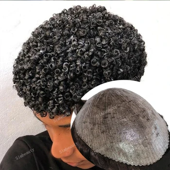 עמיד בלתי נראה עור שקוף בסיס שחור אפרו-אמריקאי Mens פאה שיער אדם פאה 15mm קינקי אפרו מתולתל לארוג תותב