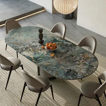 פשוט שולחן המטבח של ירוק מבריק אפייה לכה שולחן עבודה יציב פחמן פלדה מסגרת עץ מלא רציף מלבן שולחן האוכל